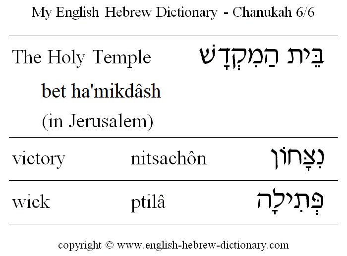 English to Hebrew -- Chanukah Vocabulary: The Holy Temple, victory, wick
