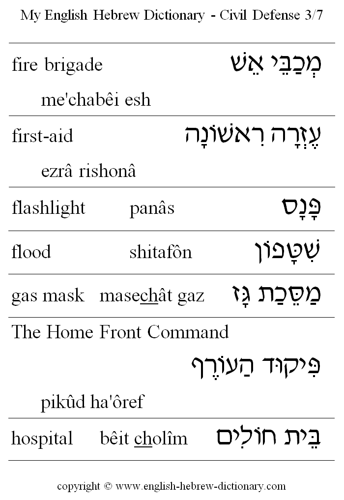 English to Hebrew -- Civil Defense Vocabulary: fire brigade, fire department, first-aid, flashlight, flood, gas mask, The Home Front Command, hospital