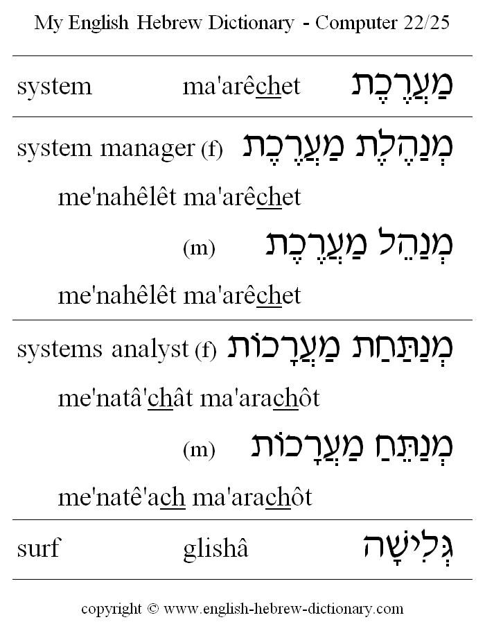 English to Hebrew -- Computer Vocabulary: system, system manager, system analyst, surf