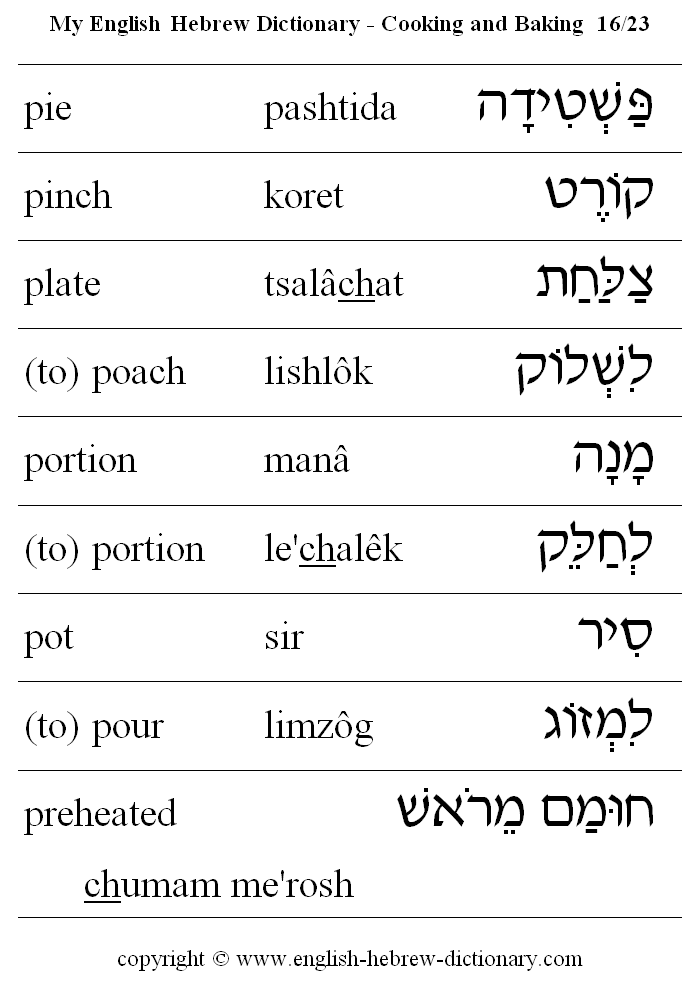 English to Hebrew -- Food - Cooking and Baking Vocabulary: pie, pinch, plate, (to) poach, portion, pot, (to) pour, preheated