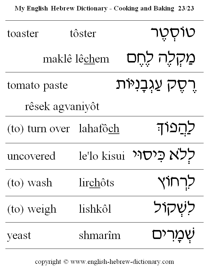 English to Hebrew -- Food - Cooking and Baking Vocabulary: toaster, tomato paste, (to) turn over, uncovered, (to) wash, (to) weigh, yeast