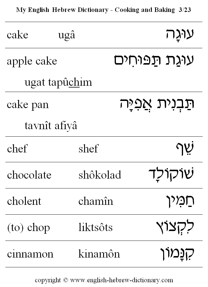 English to Hebrew -- Food - Cooking and Baking Vocabulary: cake, apple cake, cake pan, chef, chocolate, cholent, (to) chop, cinnamon