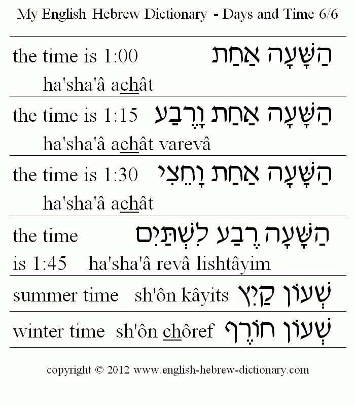English to Hebrew -- Days and Time Vocabulary: the time is 1:00, 1:15, 1:30, 1:45, summer time, winter time