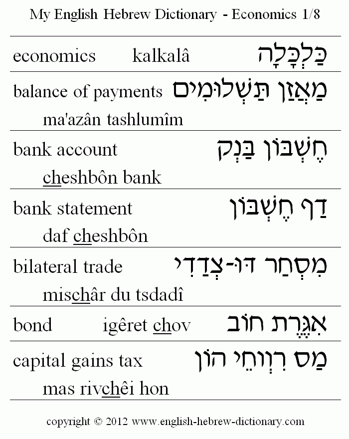 English to Hebrew -- Economics Vocabulary: balance of payments, bank account, bank statement, bilateral trade, bond, capital gains tax