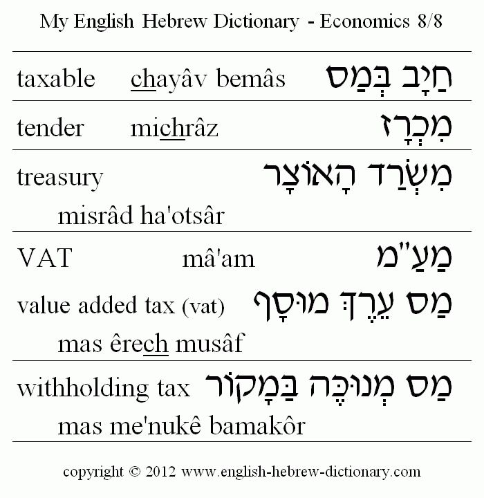 English to Hebrew -- Economics Vocabulary: taxable, tender, treasury, value added tax (VAT), withholding tax