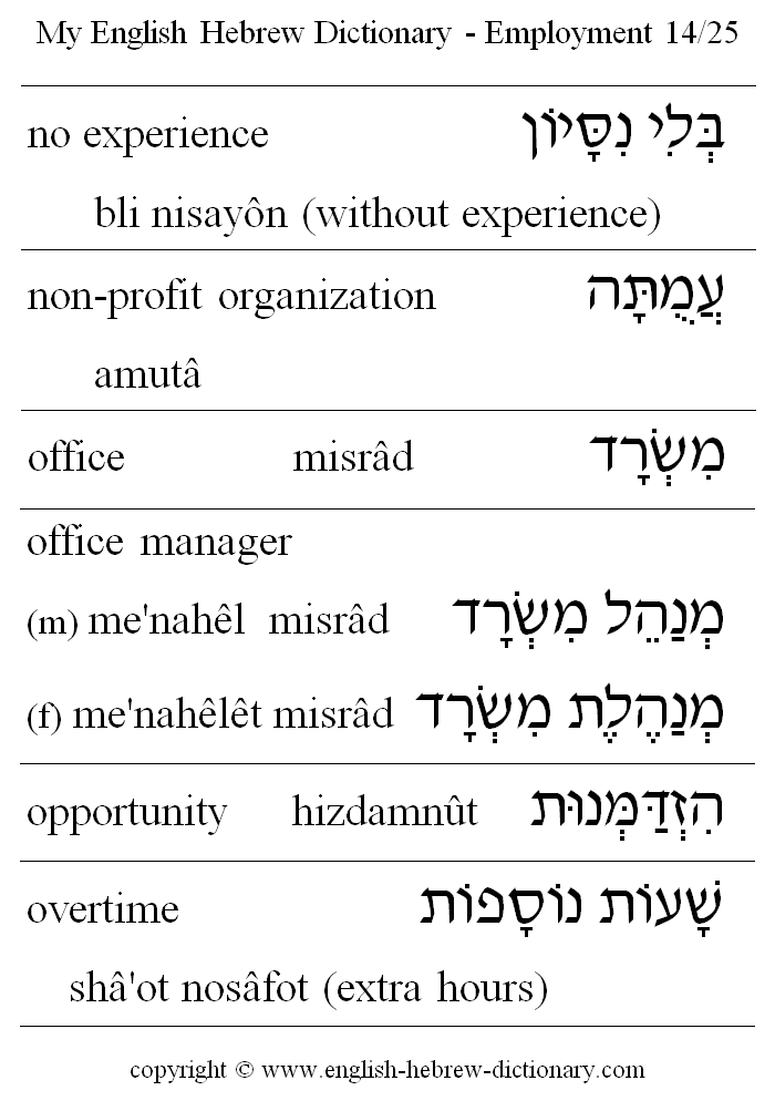 English to Hebrew -- Employment Vocabulary: no experience, non-profir organization, office, office manager, opportunity, overtime