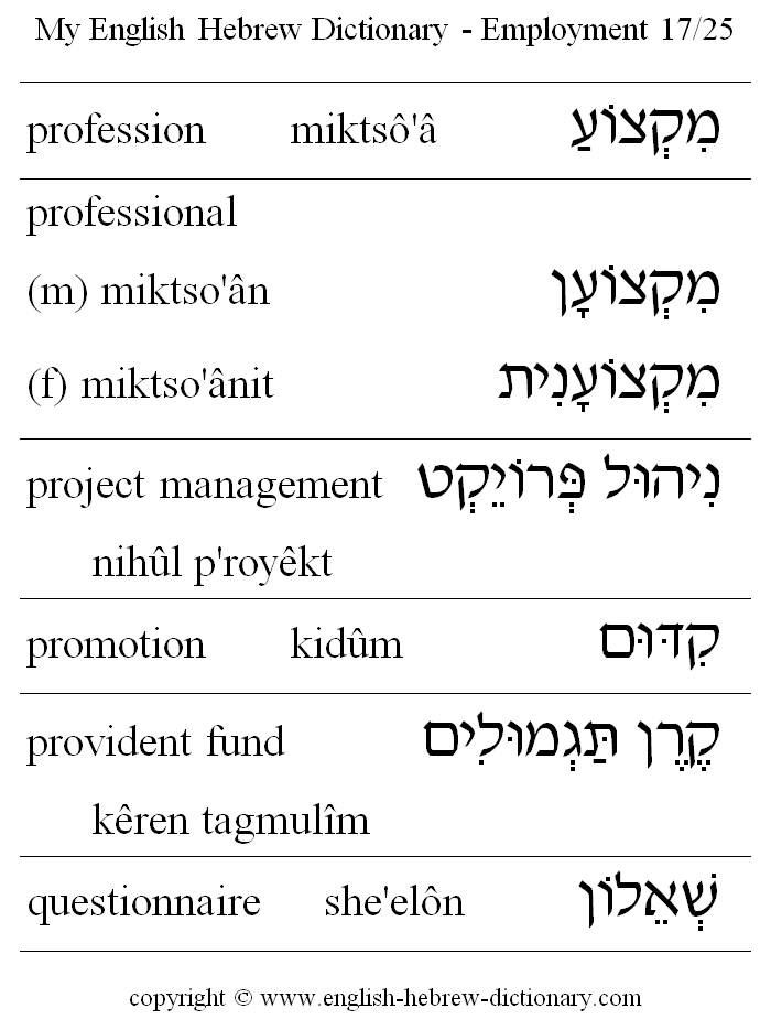 English to Hebrew -- Employment Vocabulary: profession, professional, project management, promotion, provident fund, questionnaire