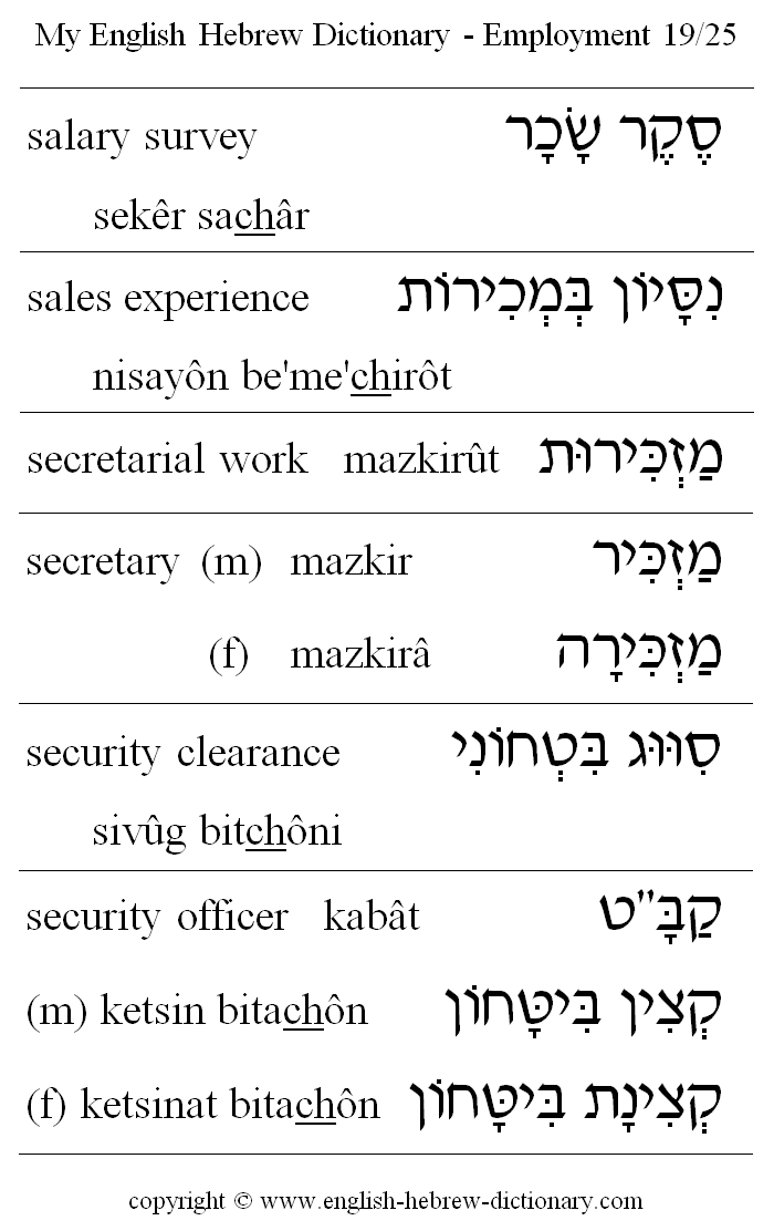 English to Hebrew -- Employment Vocabulary: salary survey, sales experience, secretarial work, secretary, security clearance, security officer
