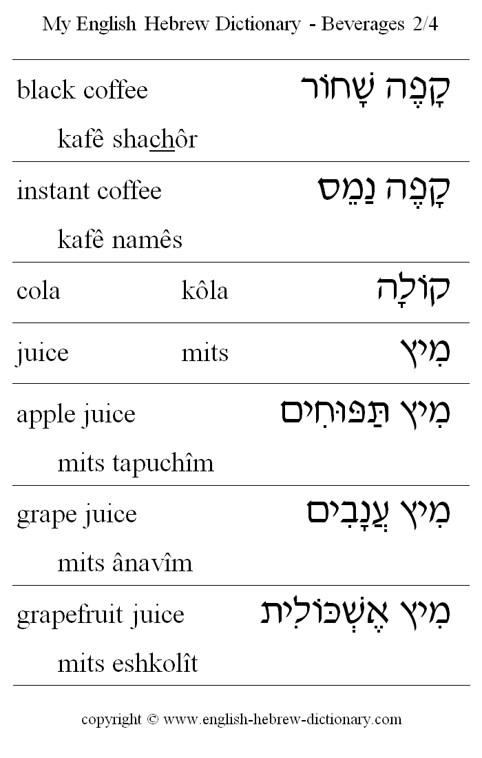 English to Hebrew -- Food - Beverages Vocabulary: instant coffee, cola, juice, apple juice, grape juice, grapefruit juice, orange juice