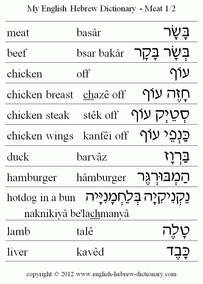 English to Hebrew -- Food - Meat Vocabulary: beef, chicken, chicken breat, chicken steak, chicken wings, duck, hamburger, hotdog in a bun, lamb, liver