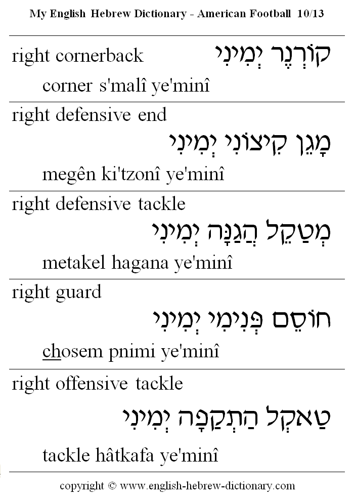 English to Hebrew -- Football Vocabulary: right cornerback, right defensive end, right defensive tackle, right guard, right offensive tackle