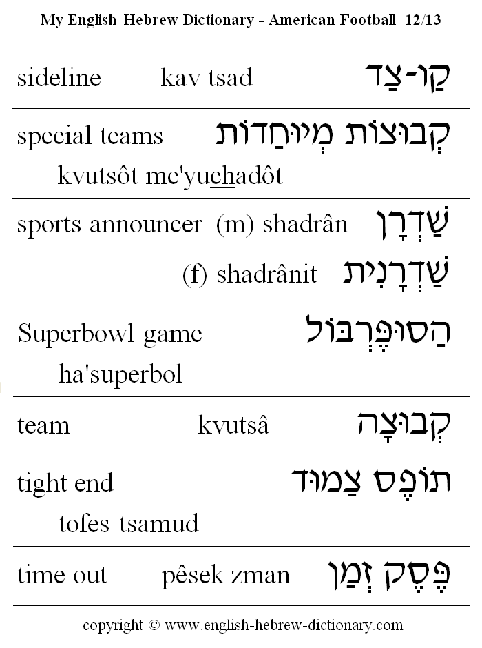 English to Hebrew -- Football Vocabulary: sideline, special teams, sports announcer, (the) Superbowl game, team, tight end, time out