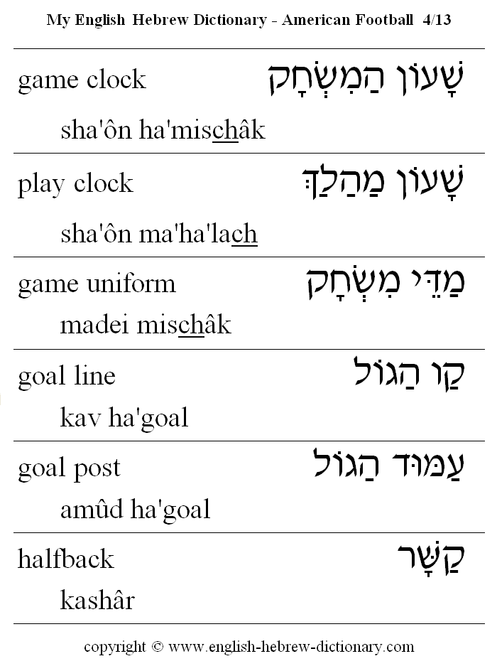 English to Hebrew -- Football Vocabulary: game clock, play clock, game uniform, goal line, goal post, halfback