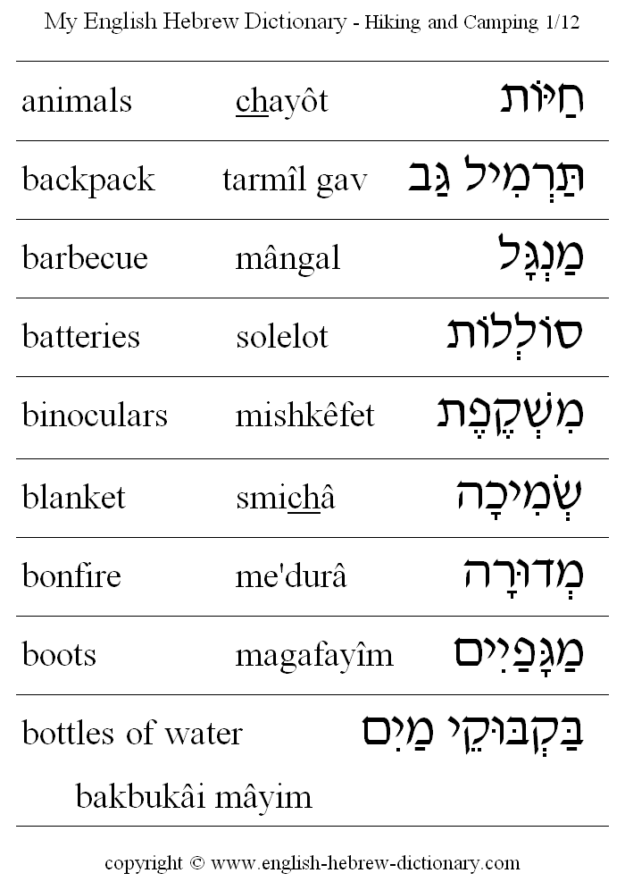 English to Hebrew -- Hiking and Camping Vocabulary: animals, packback, barbecue, batteries, binoculars, blanket, bonfire, boots, bottles of water