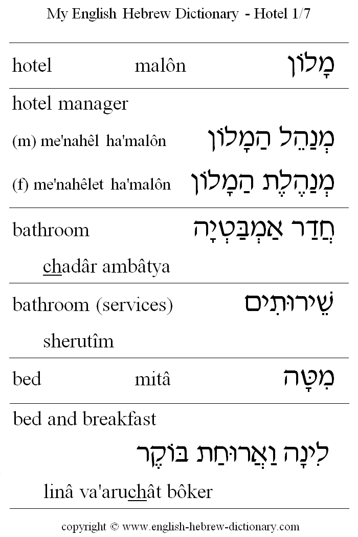 English to Hebrew -- Hotel Vocabulary: hotel manager, bathroom, bed, bed and breakfast