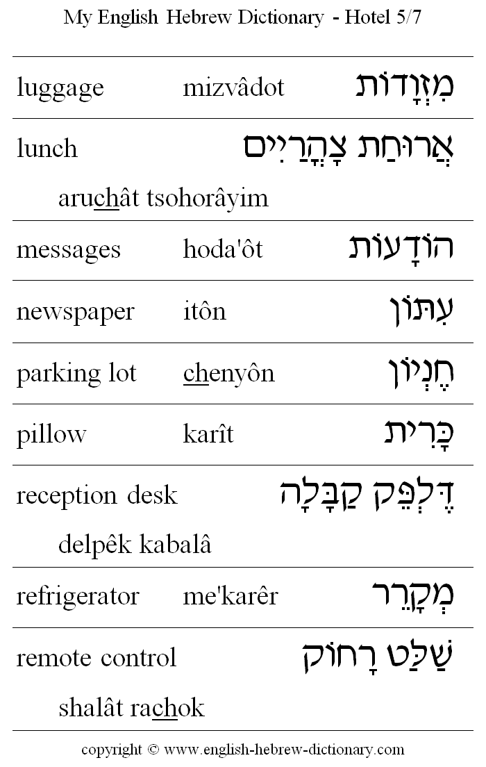 English to Hebrew -- Hotel Vocabulary: luggage, lunch, messages, newspaper, parking lot, pillow, reception desk, refigerator