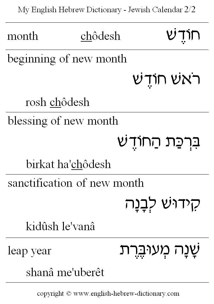 English to Hebrew -- Jewish Calendar Vocabulary: month, beginning of new month, blessing of new month, sanctification of new month, leap year