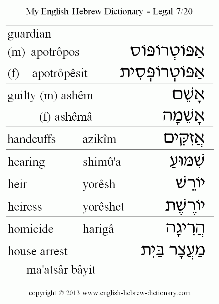English to Hebrew -- Legal Vocabulary: guardian, guilty, handcuffs, hearing, heir, heiress, homicide, house arrest