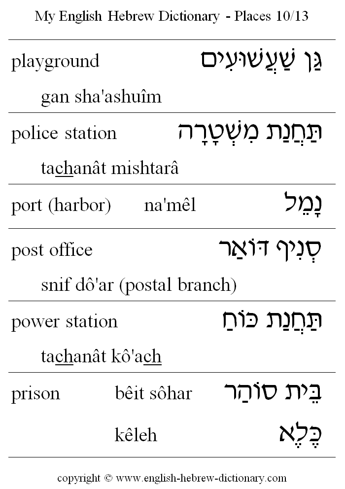 English to Hebrew -- Places Vocabulary: playground, police station, port (harbor), post office, power station, prison