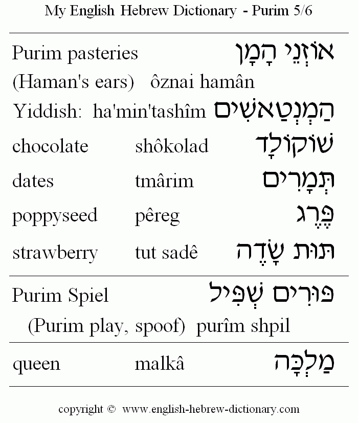 English to Hebrew -- Purim Vocabulary: Purim pasteries, Oznai Haman, Hamintashim, chocolate, dates, poppyseed, strawberry, Purim Spiel, queen