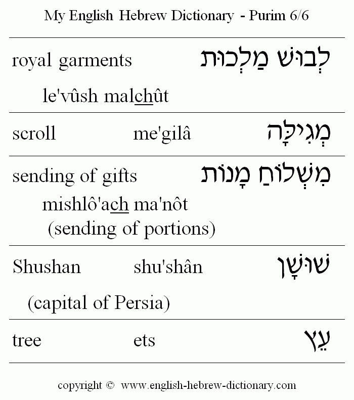 English to Hebrew -- Purim Vocabulary: royal garments, scroll, sending of gifts, Shushan, tree