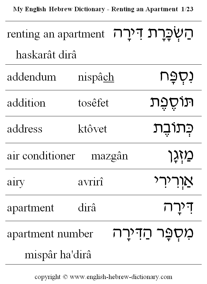 English to Hebrew -- Renting an Apartment Vocabulary: renting an apartment, addendum, addition, address, air conditioner, airy, apartment, apartment number