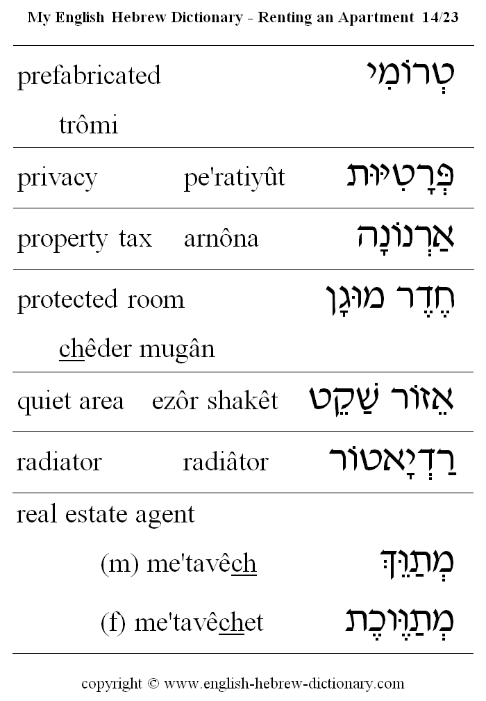 English to Hebrew -- Renting an Apartment Vocabulary: prefabricated, privacy, property tax, protected room, quiet area, radiator, real estate agent
