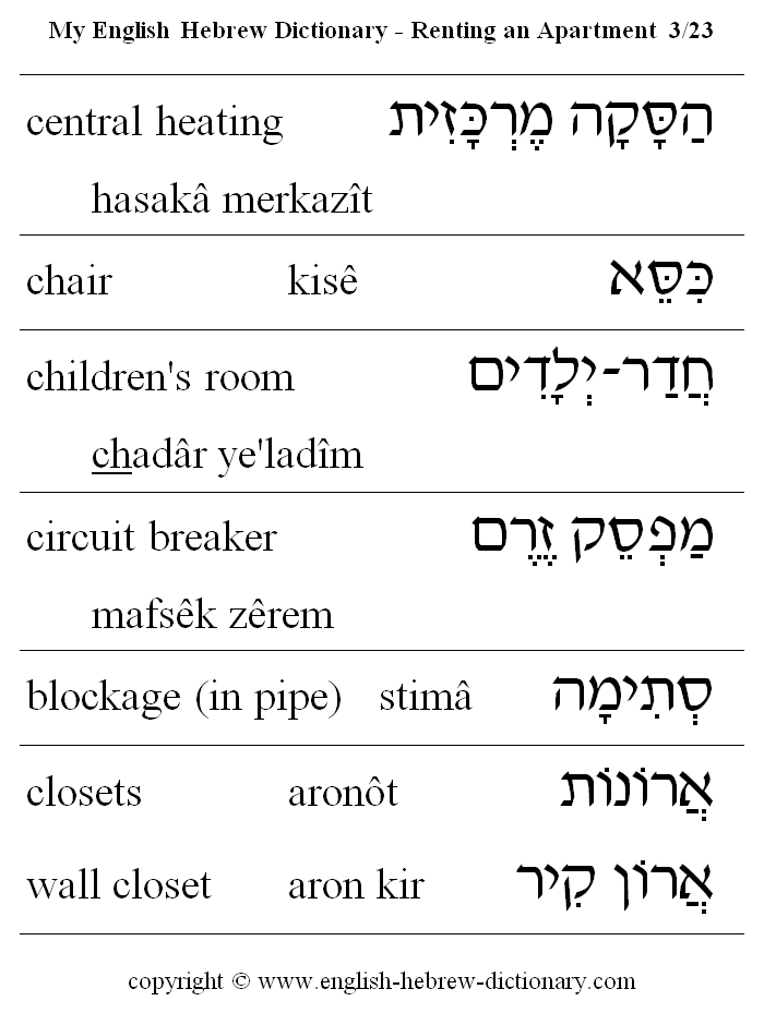 English to Hebrew -- Renting an Apartment Vocabulary: central heating, chair, children's room, circuit breaker, blockage (in pipe), closets, wall closet