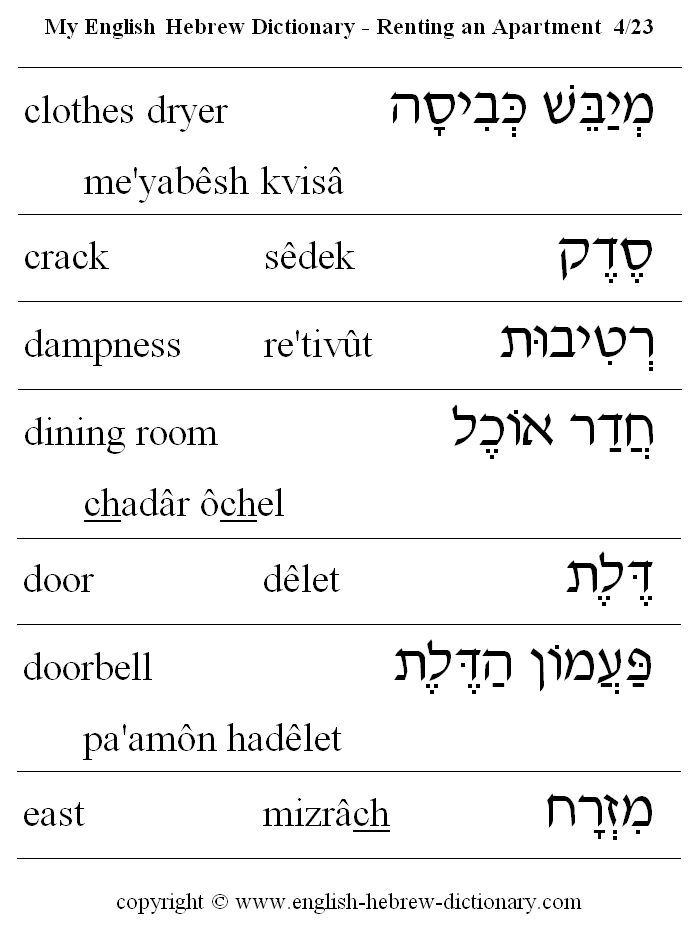 English to Hebrew -- Renting an Apartment Vocabulary: clothes dryer, crack, dampness, dining room, door, doorbell, east