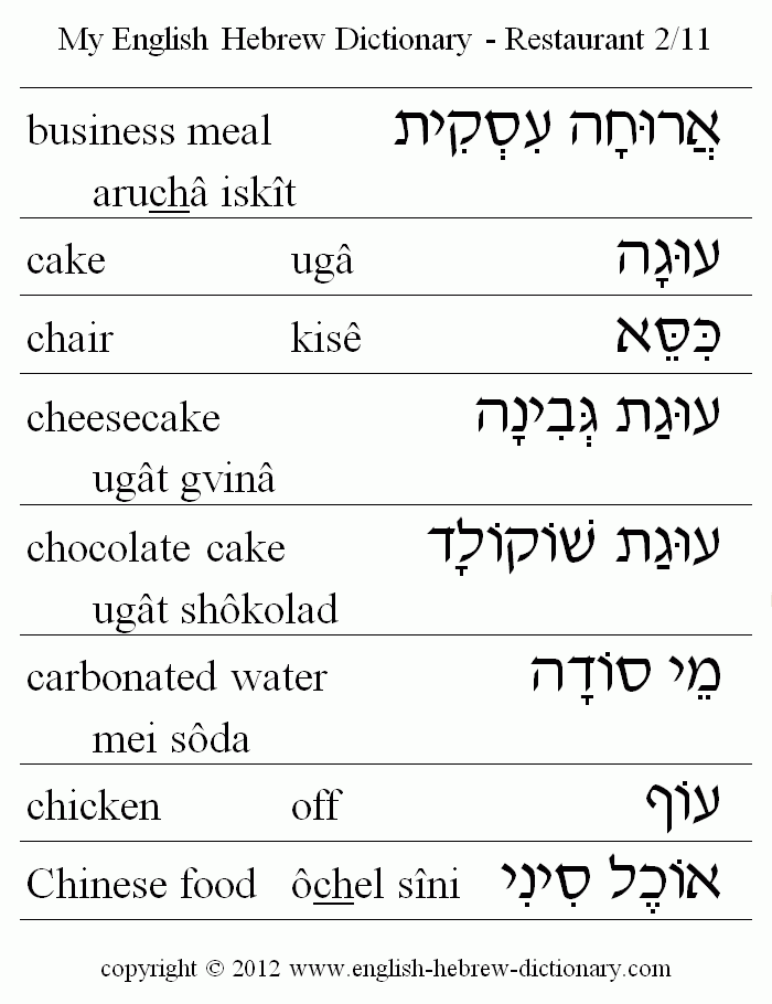 English to Hebrew -- Restaurant Vocabulary: business meal, cake, cheesecake, chocolate cake, carbonated water, chicken, Chinese food, chair