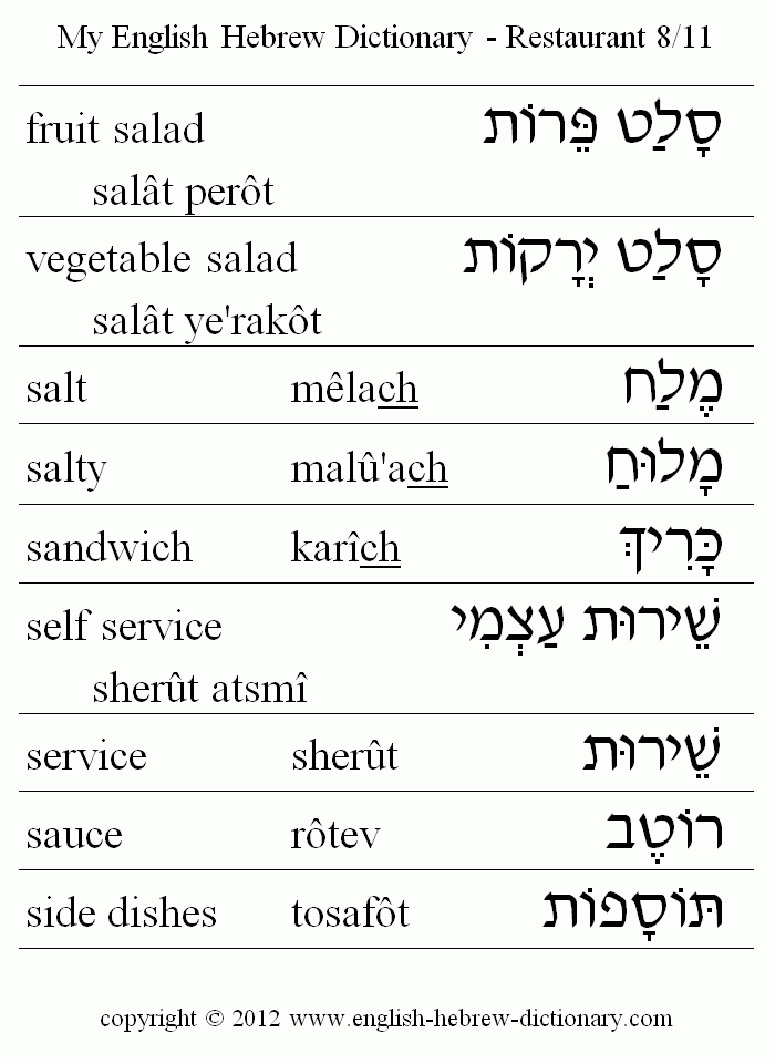 English to Hebrew -- Restaurant Vocabulary: fruit salad, vegetable salad, salt, salty, sandwich, sauce, self service, service, side dishes