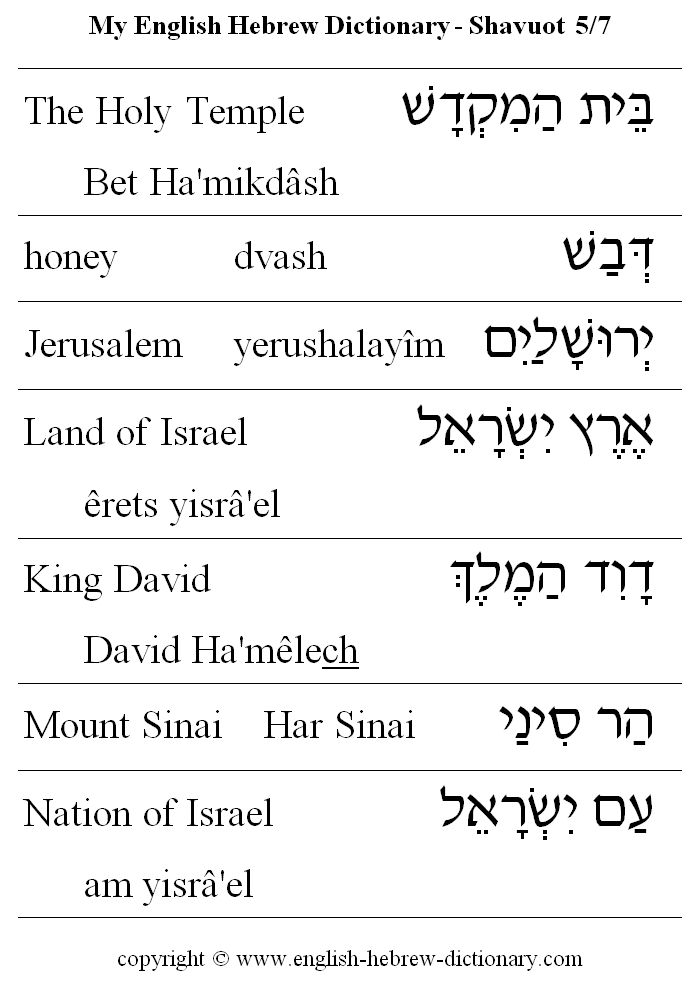 English to Hebrew -- Shavuot Vocabulary: The Holy Temple, honey, Jerusalem, Land of Israel, King David, Mount Sinai, Nation of Israel
