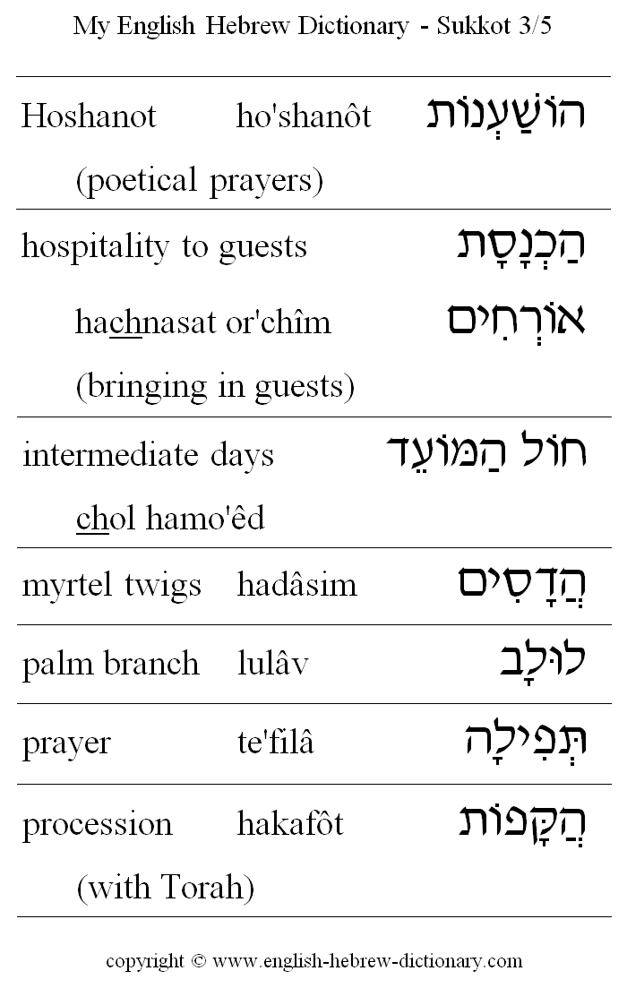 English to Hebrew -- Sukkot Vocabulary: Hoshanot, hospitality to guests, intermediate days, chol hamoed, myrtel twings, hadasim, palm branch, lulav, prayer, procession with Torah, hakafot
