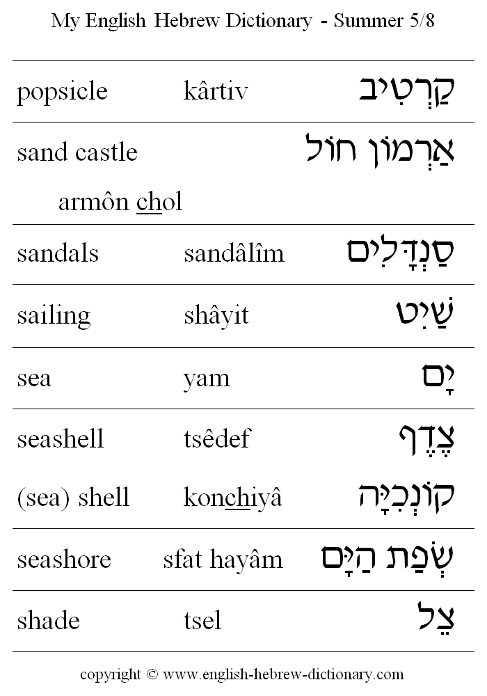 English to Hebrew -- Summer Vocabulary: popsicle, sand castle, sandals, sailing, sea, seashell, seashore, shade