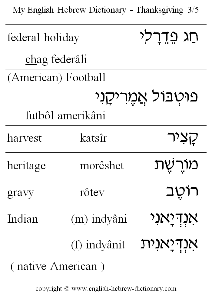 English to Hebrew -- Thanksgiving Vocabulary: federal holiday, football, harvest, heritage, gravy, Indian