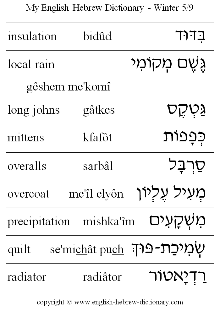 English to Hebrew -- Winter Vocabulary: insulation, local rain, long johns, mittens, overalls, overcoat, precipitation, quilt, radiator