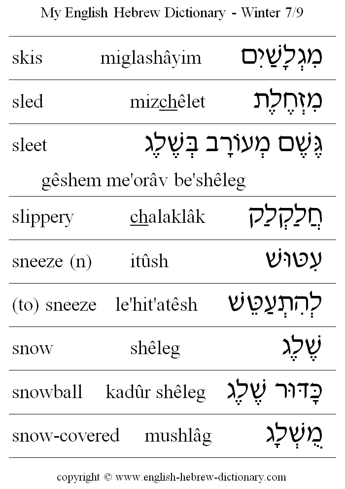 English to Hebrew -- Winter Vocabulary: skis, sled, sleet, slippery, sneeze, to sneeze, snow, snowball, snow-covered