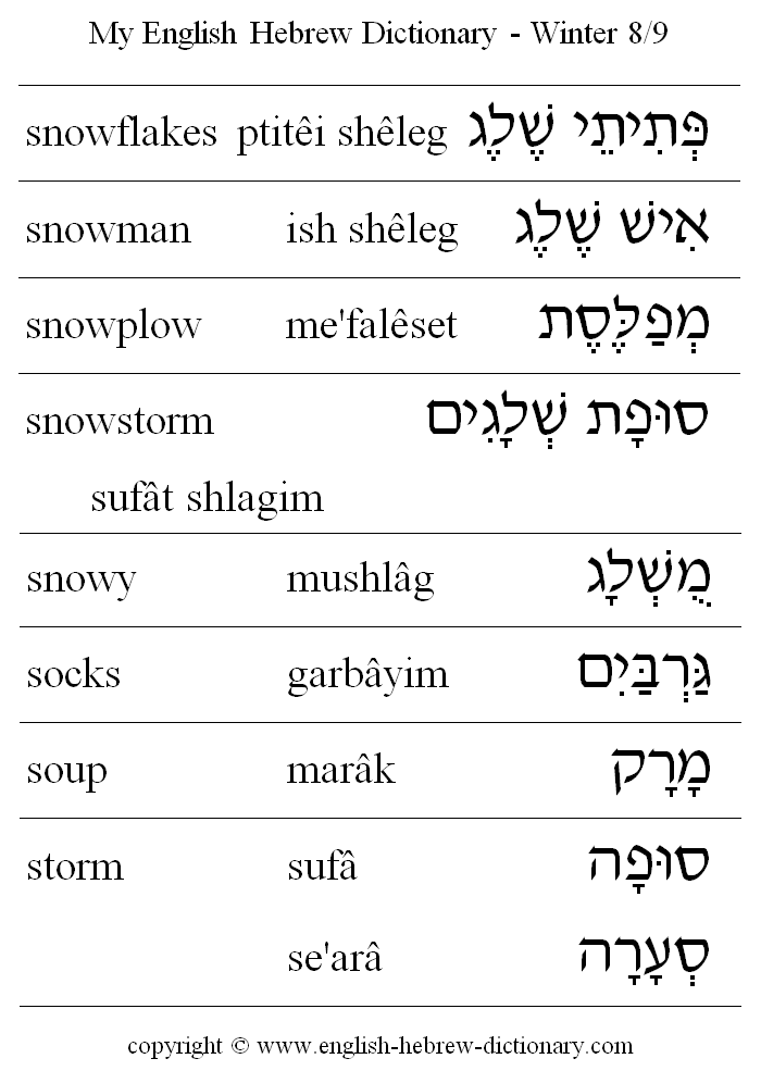 English to Hebrew -- Winter Vocabulary: snowflakes, snowman, snowplow, snowstorm, snowy, socks, soup, storm