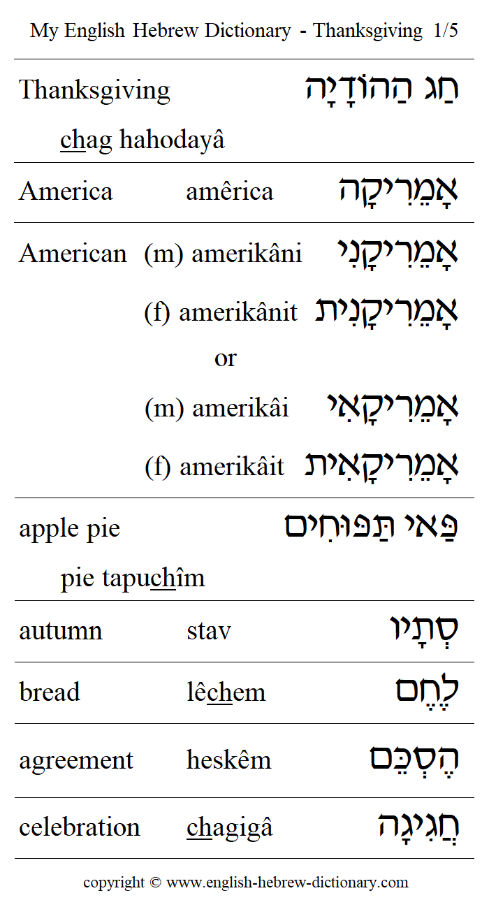 English to Hebrew -- Thanksgiving Vocabulary: Thanksgiving, America, Amercian, apple pie, autumn, bread, agreement, celebration